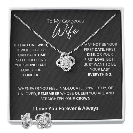 To My Gorgeous Wife Necklace - Love Knot Necklace and Earrings 14k White Gold with Stainless Steel